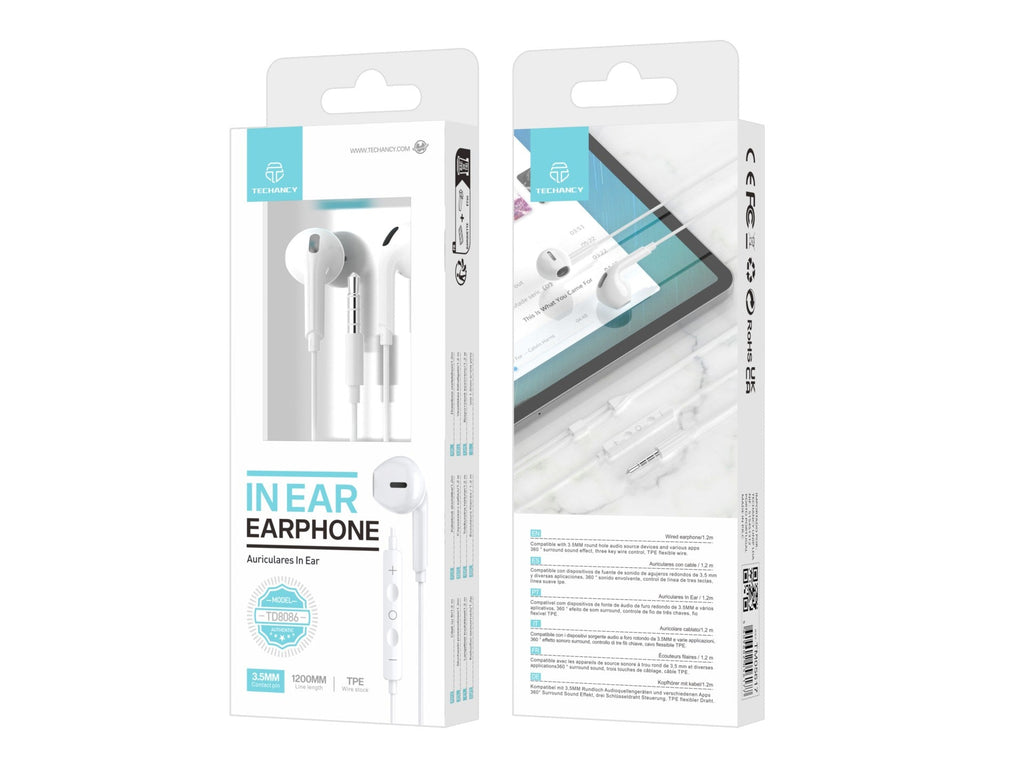 Techancy Auscultadores Intra-Auriculares Brancos 1.2m TD8086 Com Cabo E Microfone, Auscultadores Para Música De 3,5 Mm